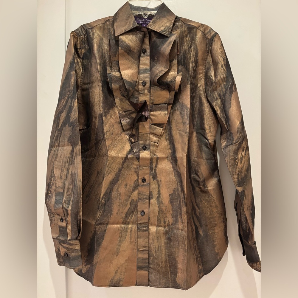 NWT RL Collection Bronze Metallic Ruffled button down shirt size 4 Made in Italy